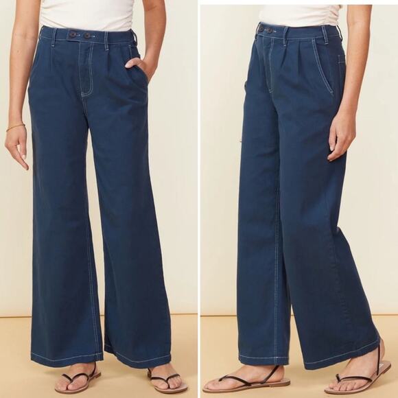 MONROW Cotton Twill Wide Leg Trousers Dark Denim High Rise Stretch Zip 28 NEW - Picture 1 of 13